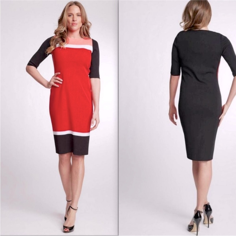 Exclusively Misook Red/Black Colorblock Stretch Pencil Dress Size Large